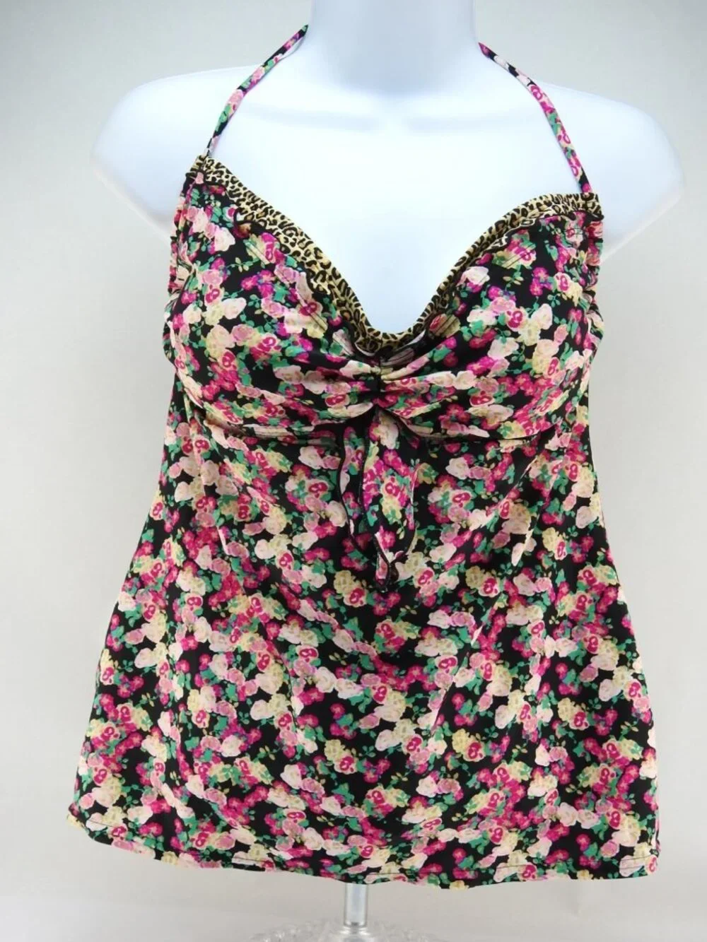 Vintage Candies Floral Leopard Trim Tankini Top XL Black Pink Halter Swim Y2K - Picture 2 of 9